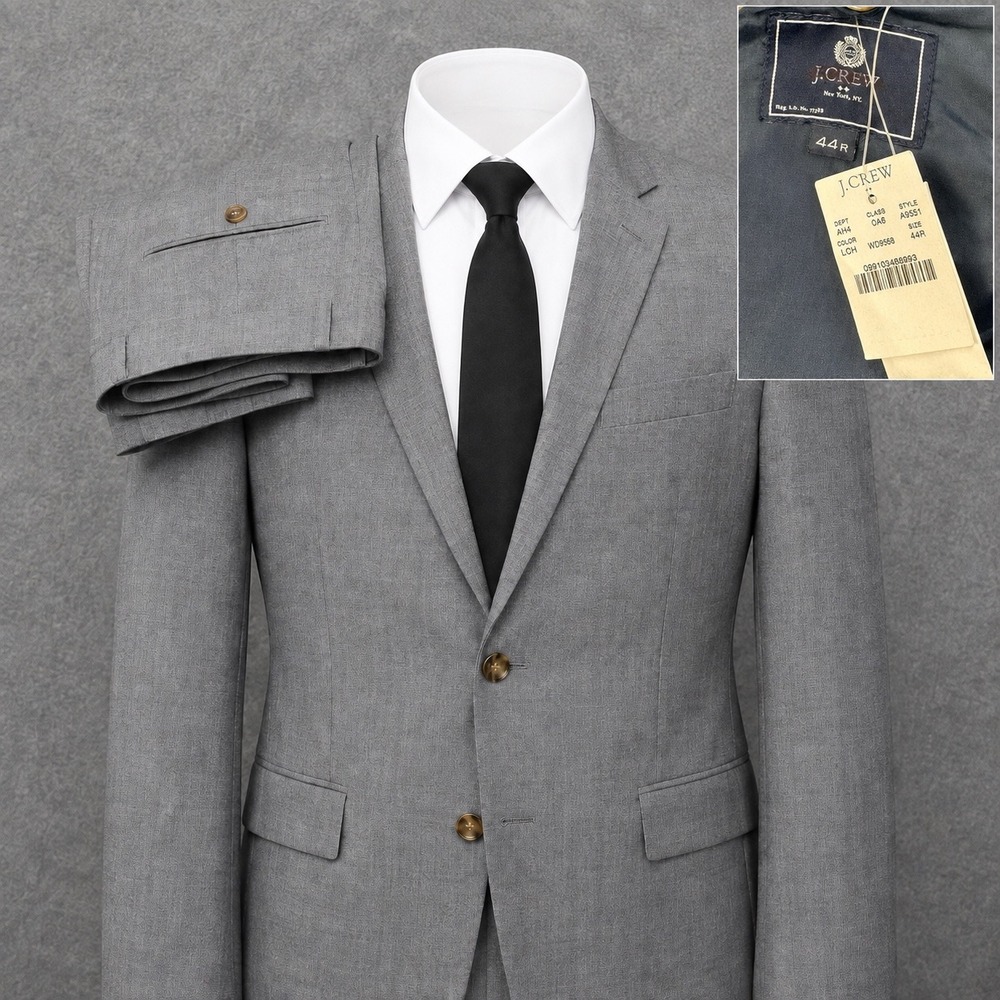 J.Crew 2 Piece Thompson Suit Men's 44R Jacket 33x30 Pants Solid Gray Flat Front